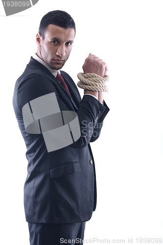 Image of business man with rope isolated on white background