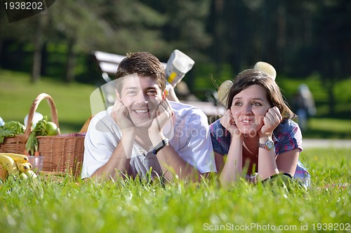 Image of happy young couple having a picnic outdoor