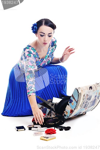 Image of pinup retro  woman with travel bag isolated