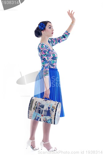 Image of pinup retro  woman with travel bag isolated