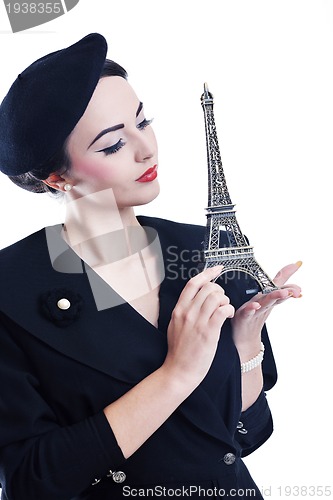 Image of beautiful young woman with paris symbol eiffel tower