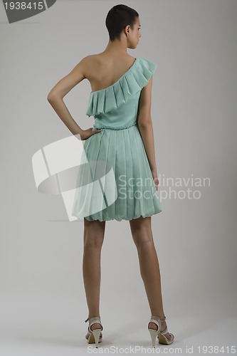 Image of elegant woman in fashionable dress posing in the studio