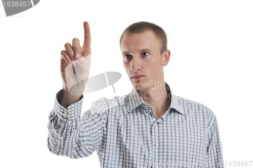 Image of handsome young business man touching screen isolated