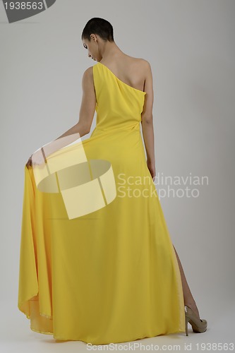 Image of elegant woman in fashionable dress posing in the studio