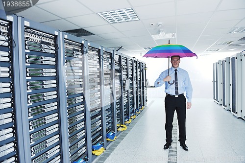 Image of businessman hold umbrella in server room