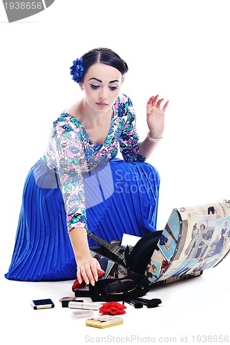 Image of pinup retro  woman with travel bag isolated