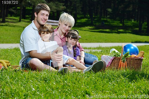 Image of Happy family playing together in a picnic outdoors