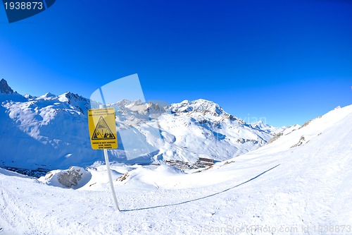 Image of Sign board at High mountains under snow in the winter