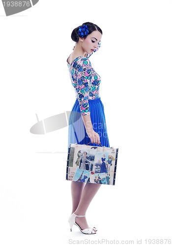 Image of pinup retro  woman with travel bag isolated