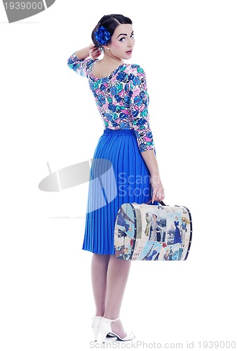 Image of pinup retro  woman with travel bag isolated