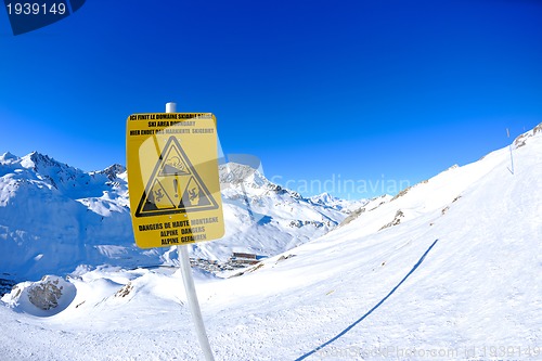 Image of Sign board at High mountains under snow in the winter