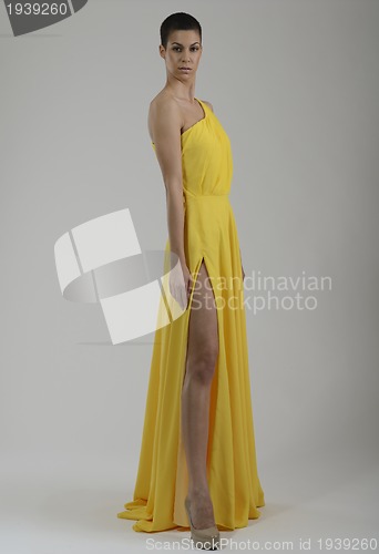 Image of elegant woman in fashionable dress posing in the studio