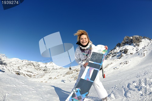 Image of skiing on fresh snow at winter season at beautiful sunny day