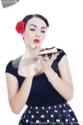 Image of pinup retro  woman with travel bag isolated