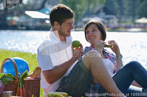 Image of happy young couple having a picnic outdoor