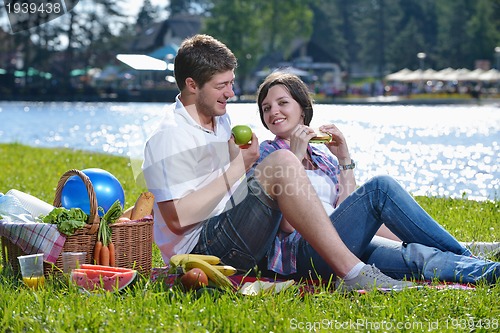 Image of happy young couple having a picnic outdoor