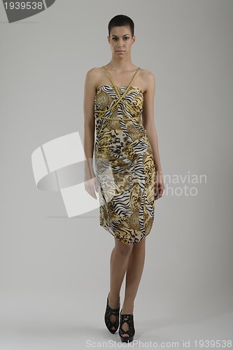Image of elegant woman in fashionable dress posing in the studio