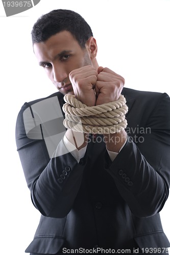 Image of business man with rope isolated on white background