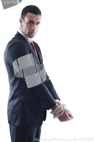 Image of business man with rope isolated on white background