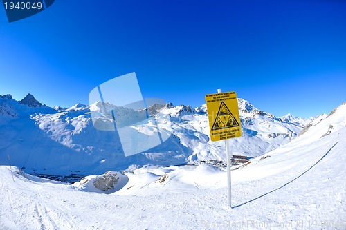 Image of Sign board at High mountains under snow in the winter