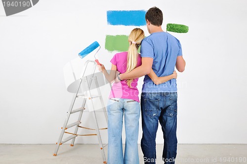 Image of happy couple paint wall at new home