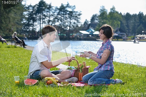 Image of happy young couple having a picnic outdoor