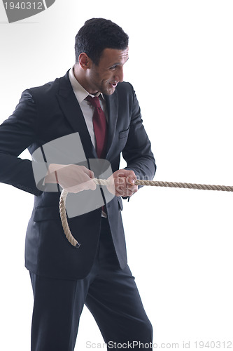 Image of business man with rope isolated on white background