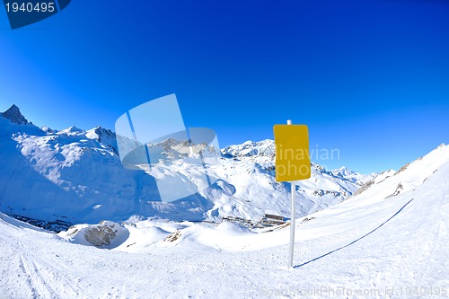 Image of Sign board at High mountains under snow in the winter