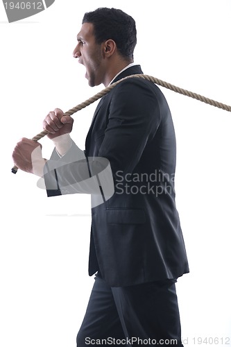 Image of business man with rope isolated on white background