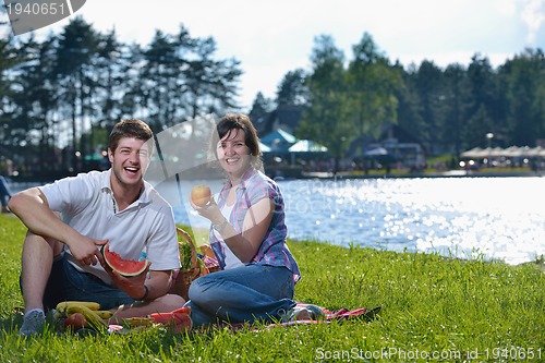 Image of happy young couple having a picnic outdoor