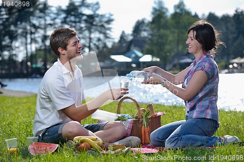 Image of happy young couple having a picnic outdoor