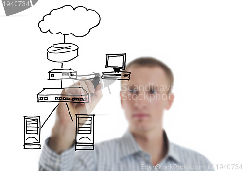 Image of business man draw cloud computing chart
