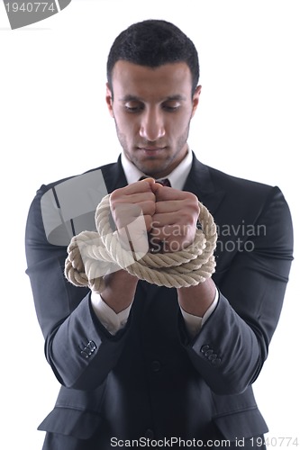 Image of business man with rope isolated on white background