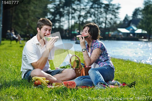 Image of happy young couple having a picnic outdoor
