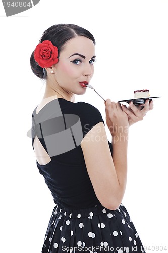 Image of pinup retro  woman with travel bag isolated