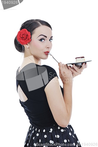 Image of pinup retro  woman with travel bag isolated