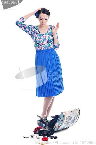 Image of pinup retro  woman with travel bag isolated