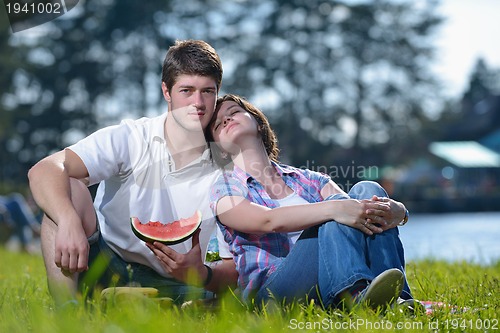 Image of happy young couple having a picnic outdoor
