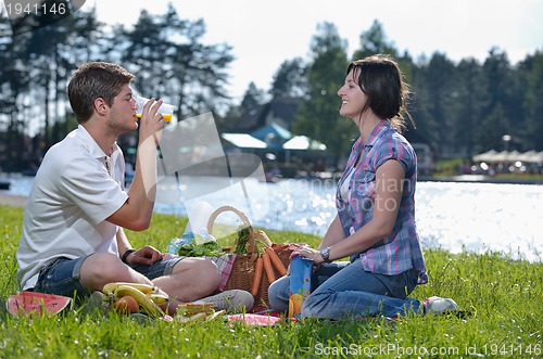 Image of happy young couple having a picnic outdoor