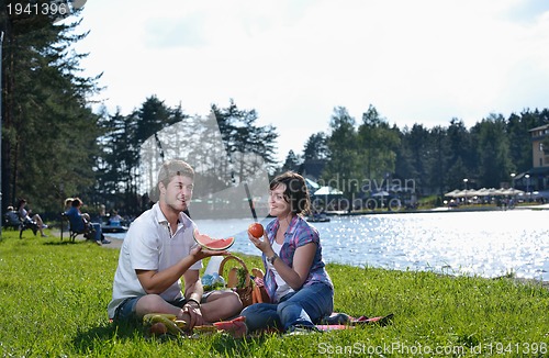 Image of happy young couple having a picnic outdoor