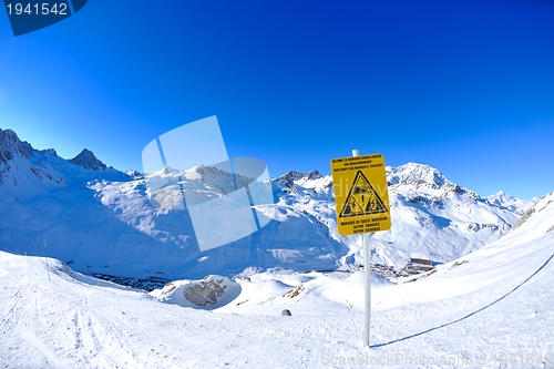 Image of Sign board at High mountains under snow in the winter