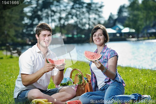 Image of happy young couple having a picnic outdoor