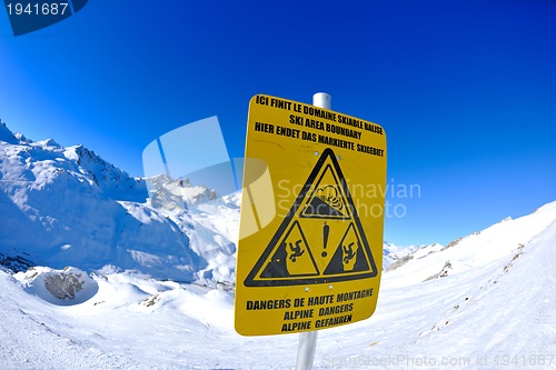 Image of Sign board at High mountains under snow in the winter