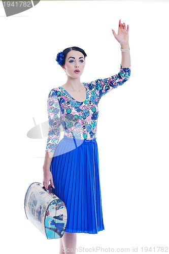 Image of pinup retro  woman with travel bag isolated
