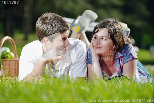 Image of happy young couple having a picnic outdoor