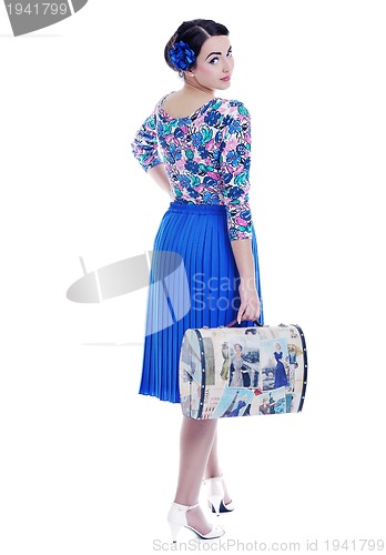 Image of pinup retro  woman with travel bag isolated