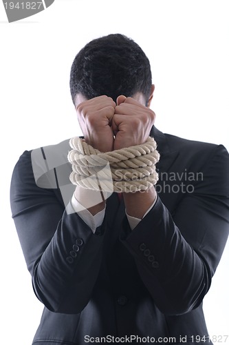 Image of business man with rope isolated on white background