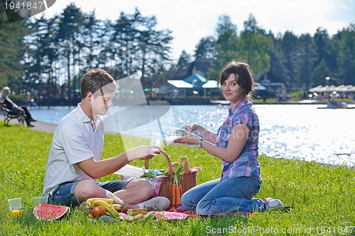 Image of happy young couple having a picnic outdoor