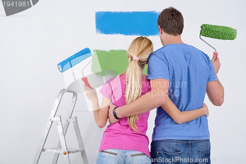 Image of happy couple paint wall at new home