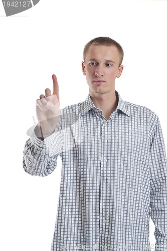 Image of handsome young business man touching screen isolated